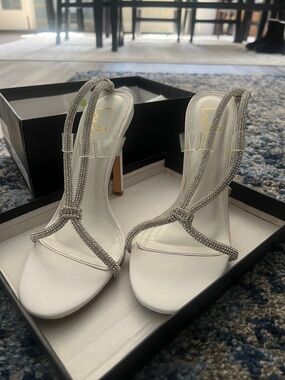 Lulu's White Rhinestone T-Strap Heeled Sandals